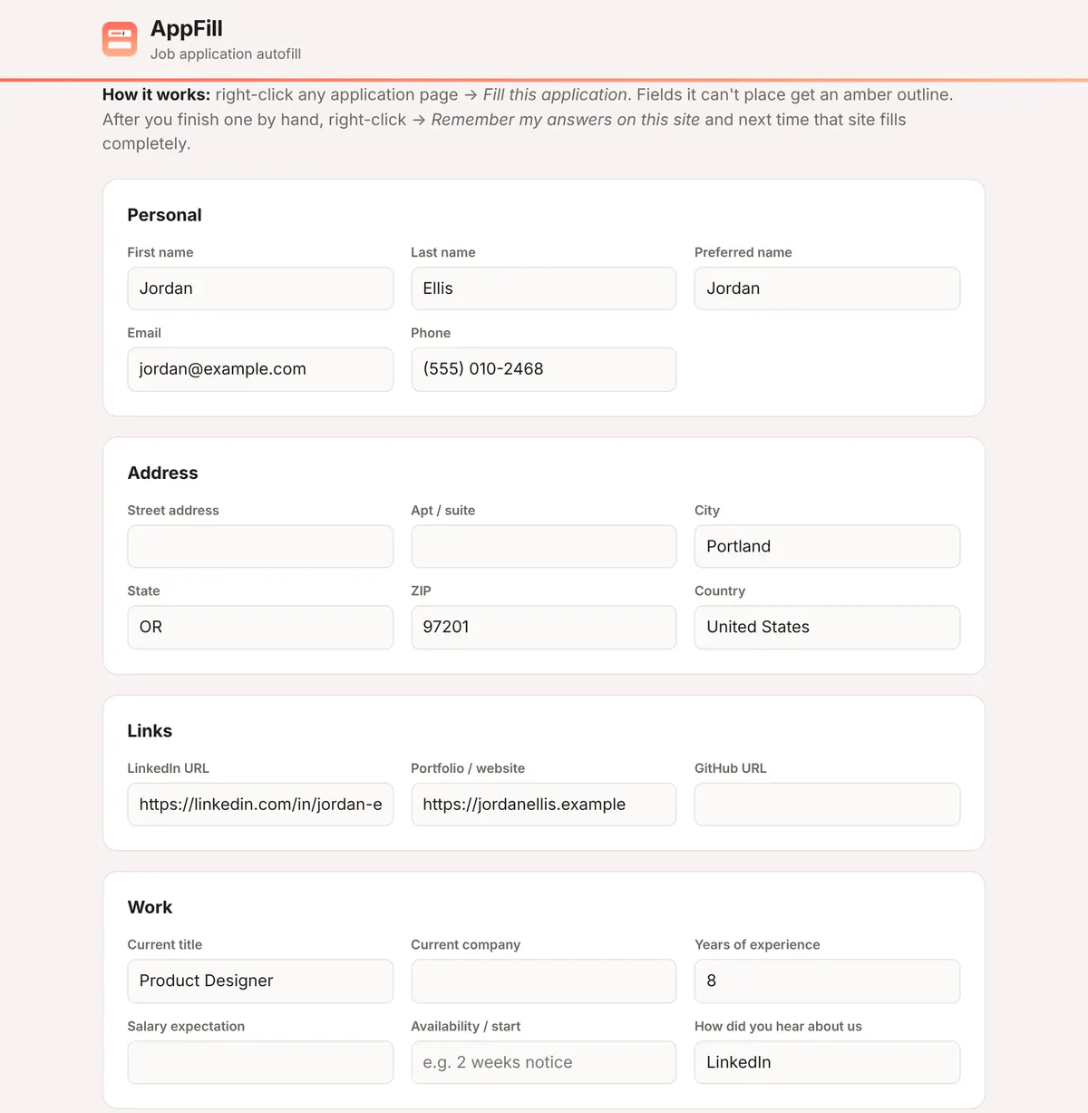 The AppFill settings page with Personal, Address, Links and Work sections filled in with sample data for Jordan Ellis.