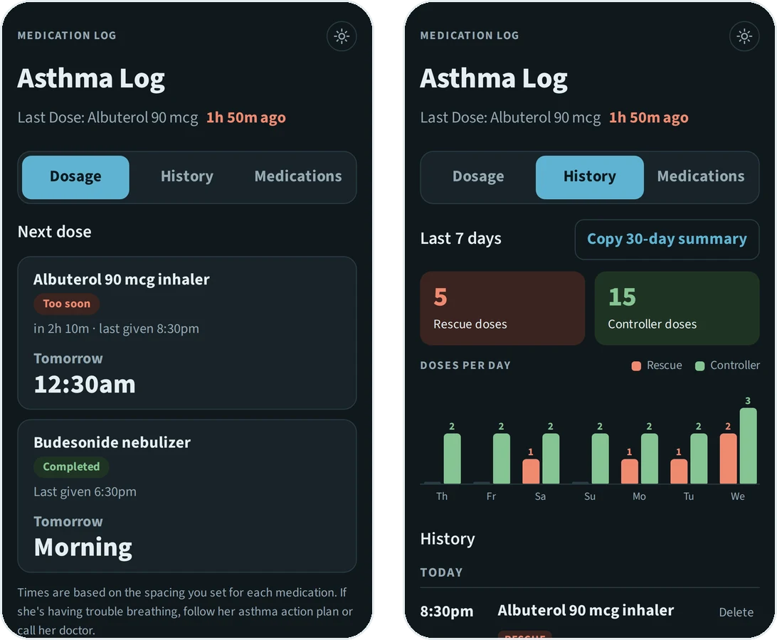 The Dosage and History tabs in dark mode.