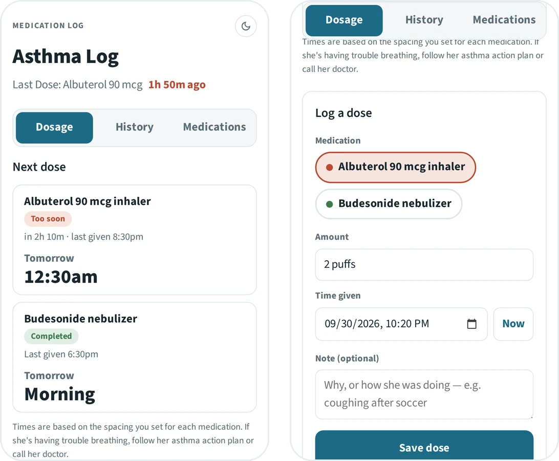 Two phone screens: the Dosage tab with next-dose cards for Albuterol and Budesonide, and the dose form showing a warning that a new dose would be 110 minutes after the last one.
