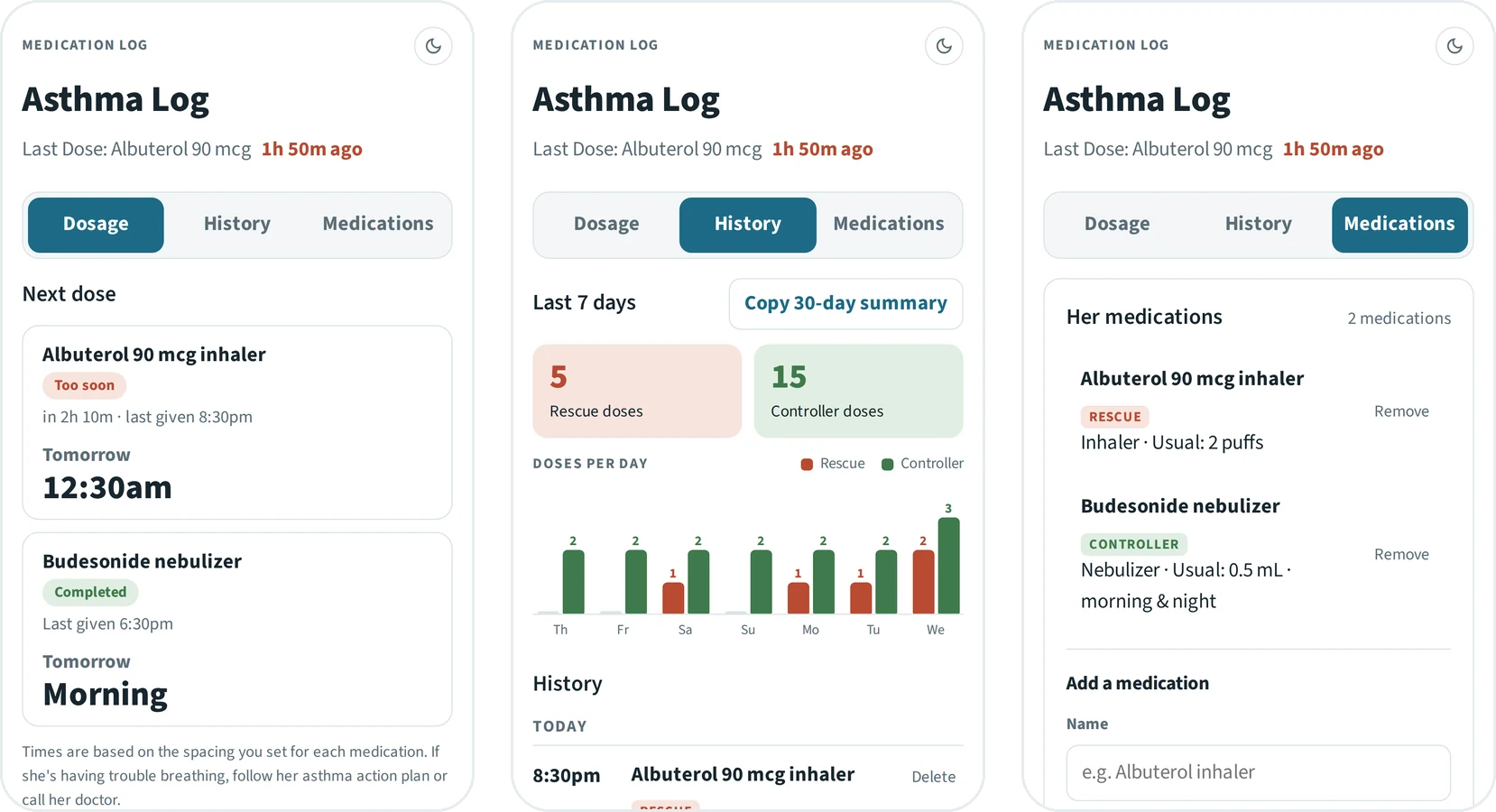 Three phone screens of Asthma Log: Dosage with next-dose cards, History with a seven-day chart of rescue and controller doses, and the Medications list.