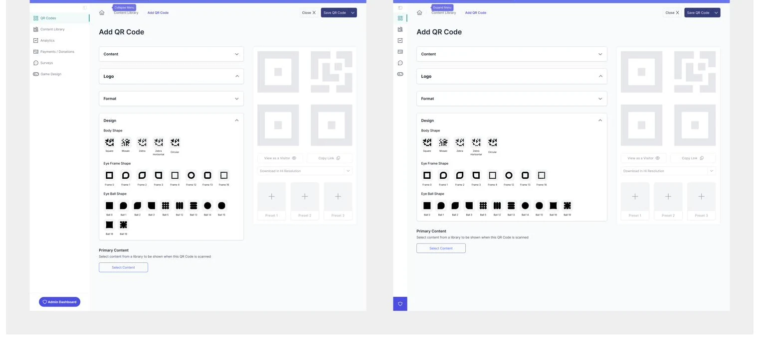 The Add QR Code screen with the sidebar expanded and collapsed to icons.