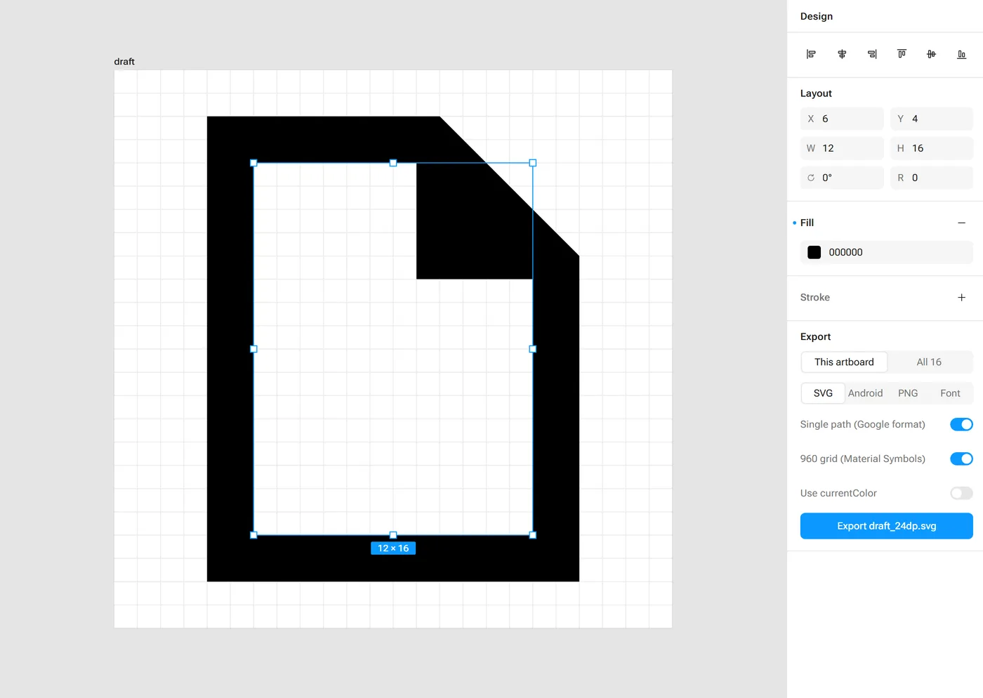 A file icon zoomed in on a pixel grid. The inner rectangle that cuts out the page is selected inside its Subtract group, with its position and size shown in the Design panel.