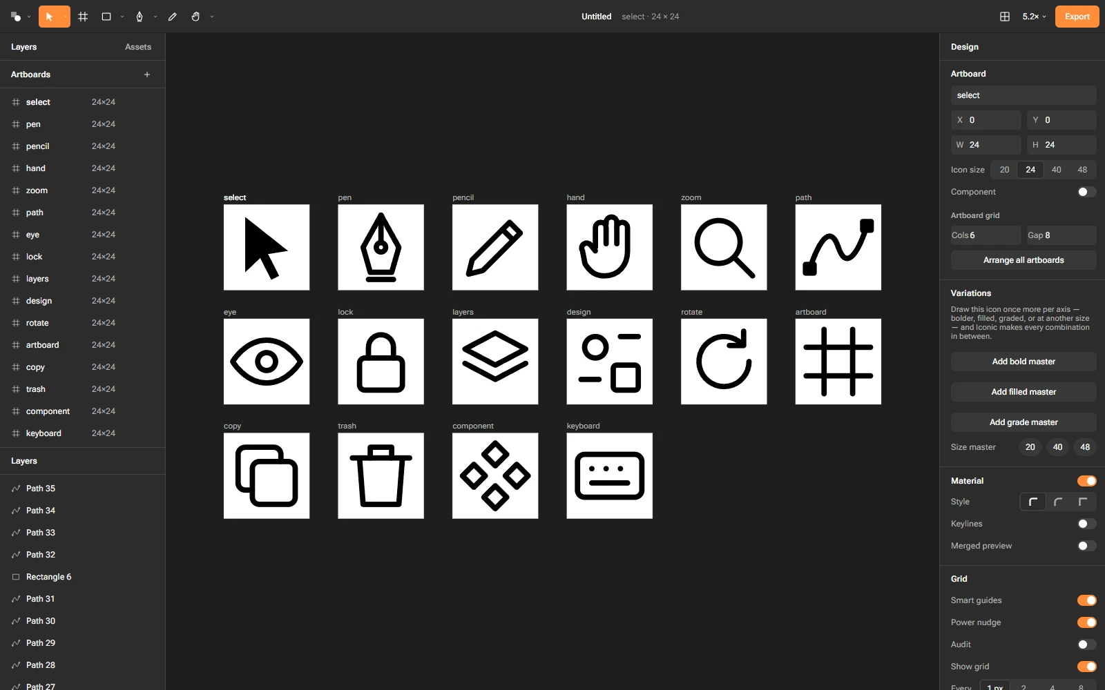 Iconic in a desktop browser with sixteen of its own interface icons on the canvas, each a different shape: select arrow, pen, pencil, hand, zoom, path, eye, lock, layers, design, rotate, artboard, copy, trash, component and keyboard.