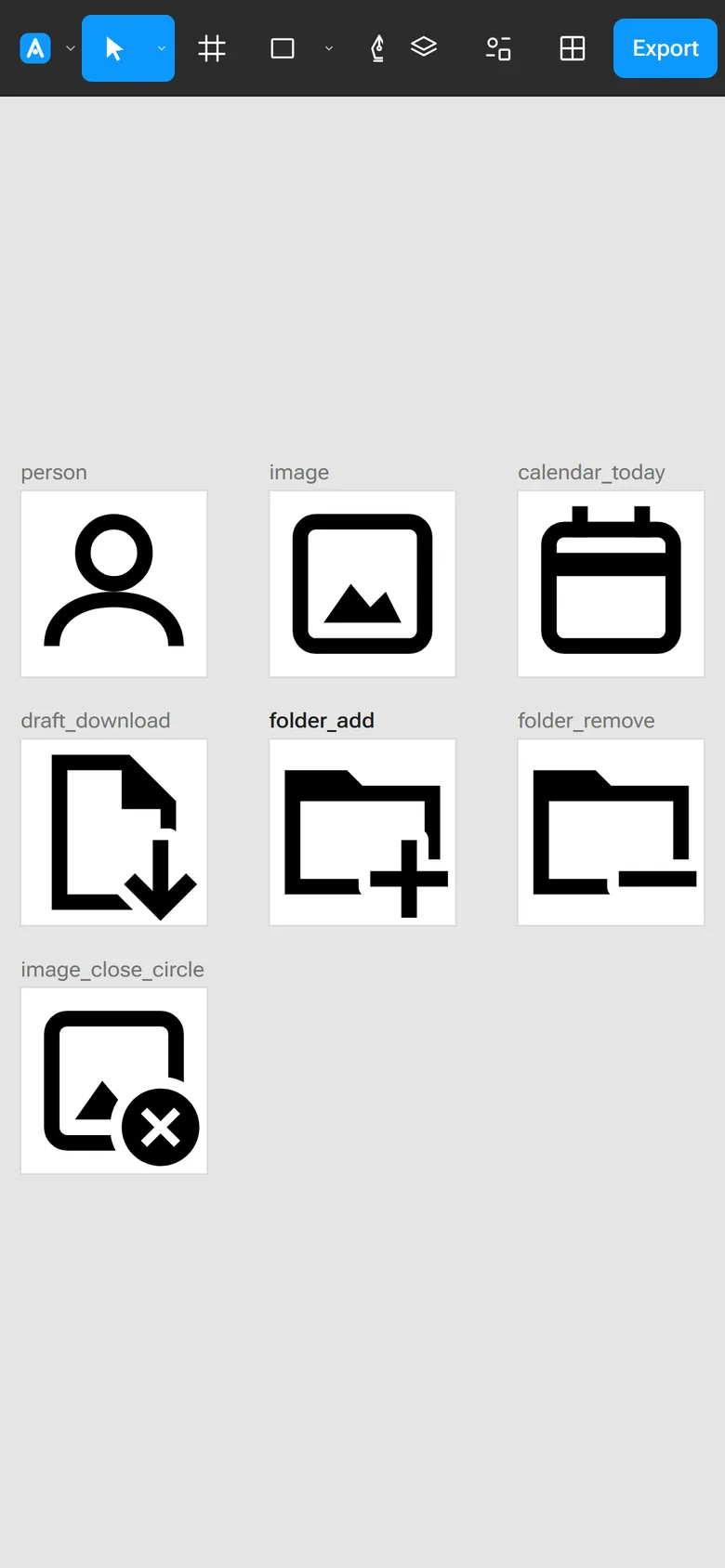 Iconic on a phone: a compact dark toolbar with tool, layers, design, overview and Export buttons, and the canvas showing person, image, calendar, file and folder icons.