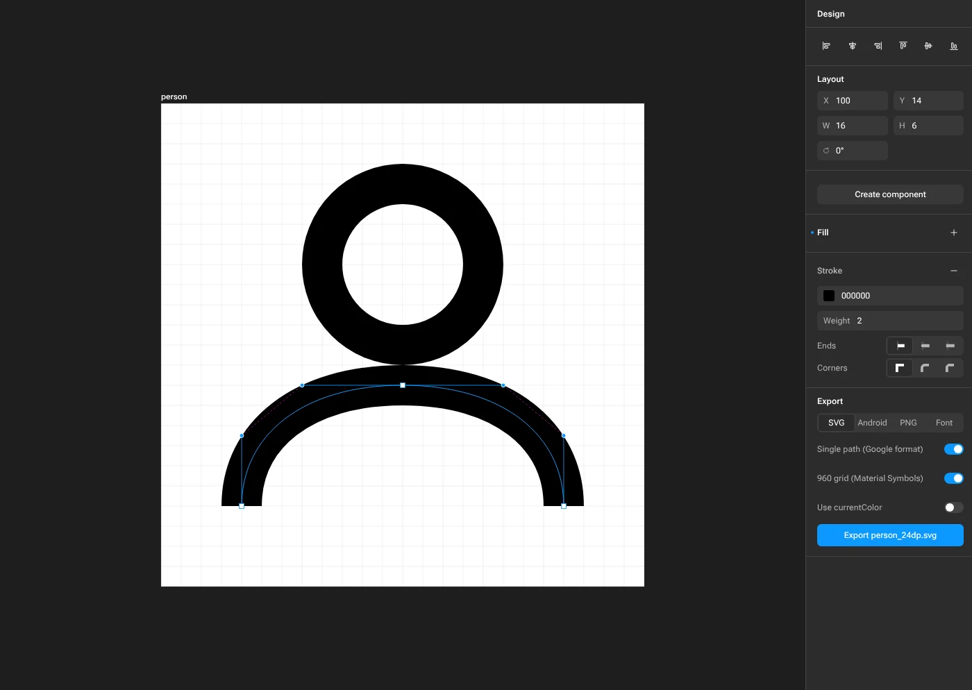 A person icon zoomed in with the shoulder curve selected: blue anchor points and handles, and dashed pink Tunni lines joining the handle ends on each side.