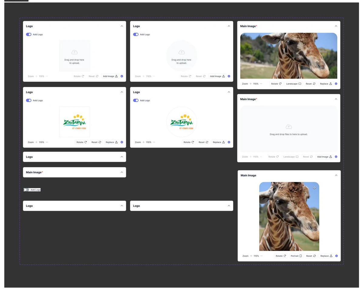 Image uploader component states for square and circular logos and landscape or portrait main images.