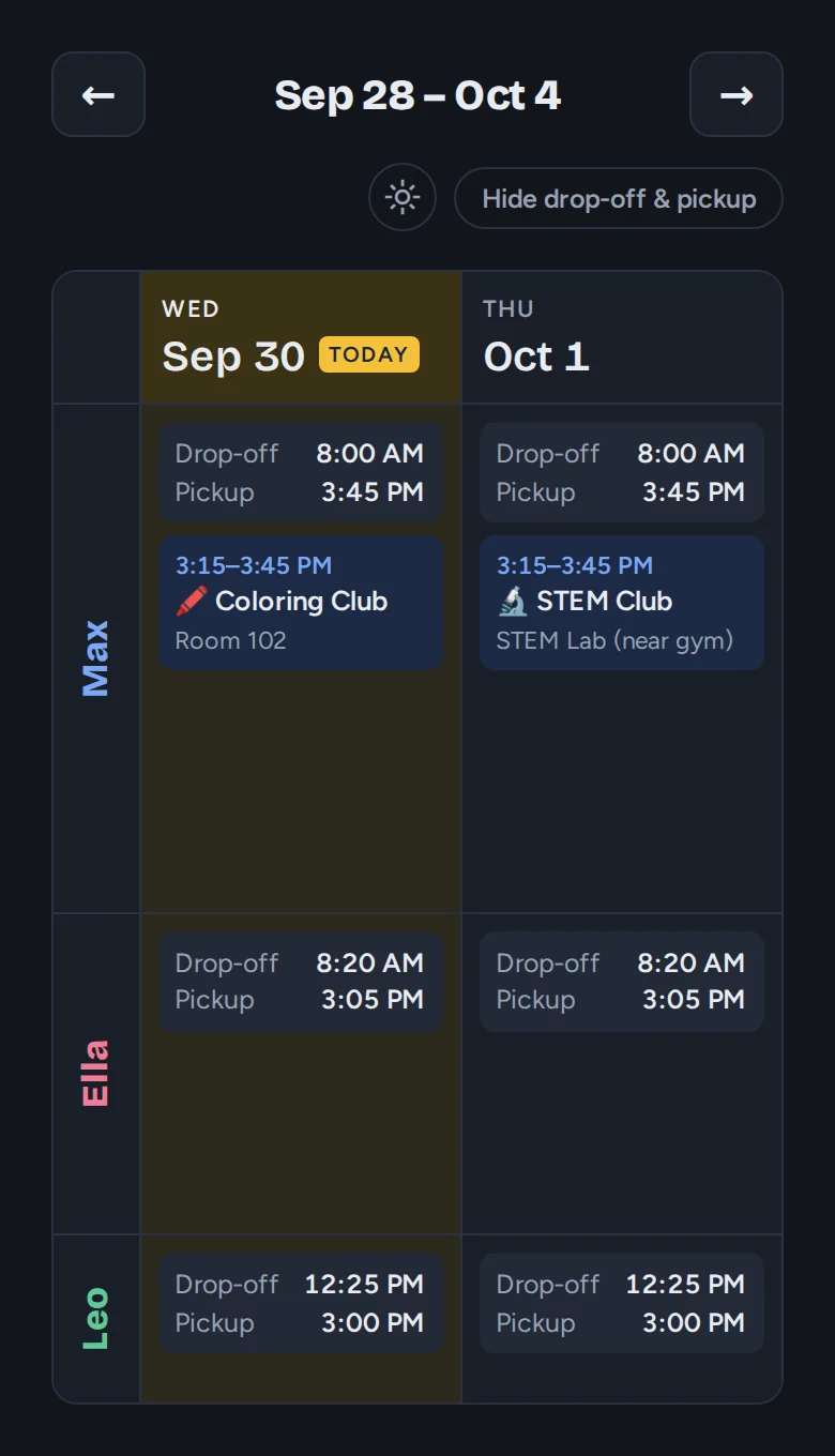 The phone view in dark mode, with today highlighted in a warm tone.