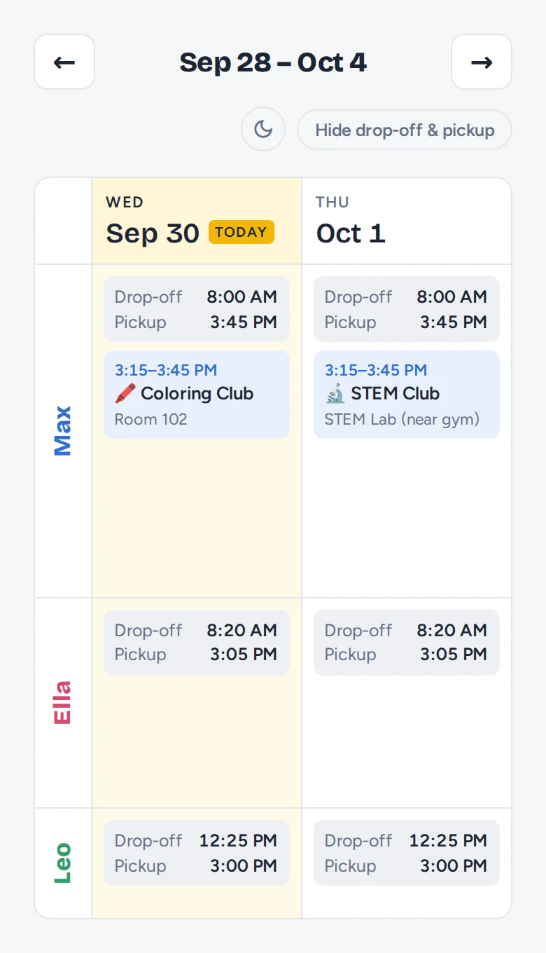 The schedule on a phone: today and tomorrow side by side, with each child's drop-off and pickup times and an after-school club card.