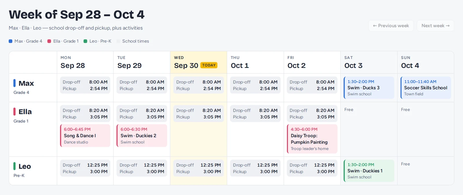 The first version: a Week of title, subtitle, color key, wide name column with grade labels, and week navigation buttons with text.