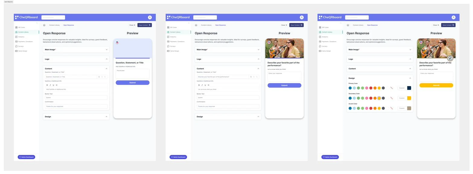 Three stages of the Open Response editor, from empty form to a finished prompt with photo and custom colors in the preview.