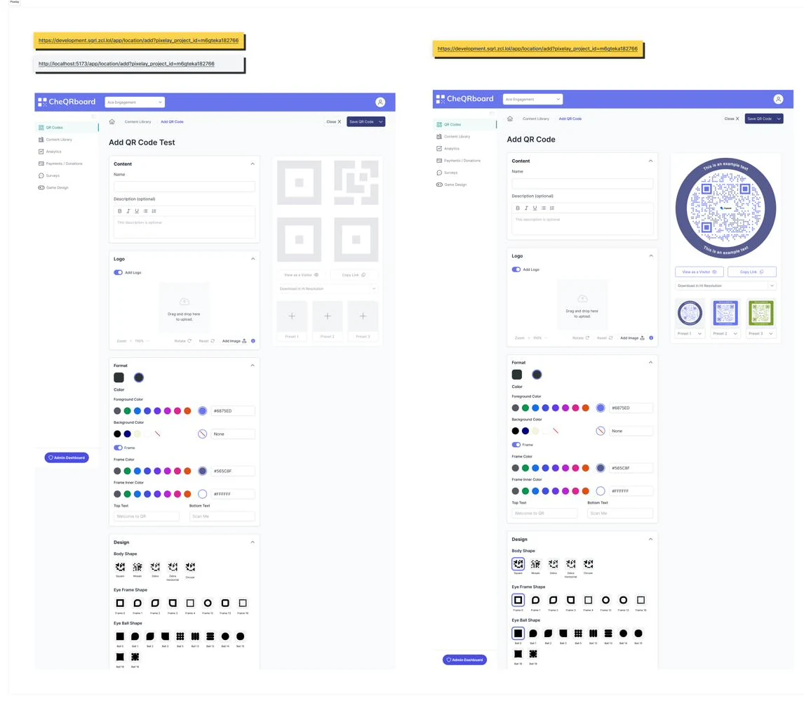Pixelay comparison of the development build and the Figma design for the Add QR Code screen.