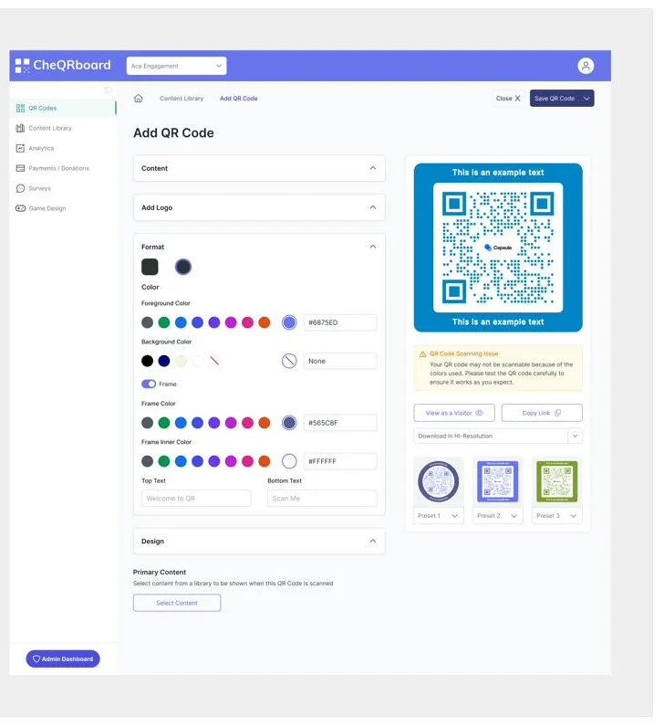 CheQRboard QR code editor with color controls, a live framed QR preview, a scan-risk warning and saved presets.