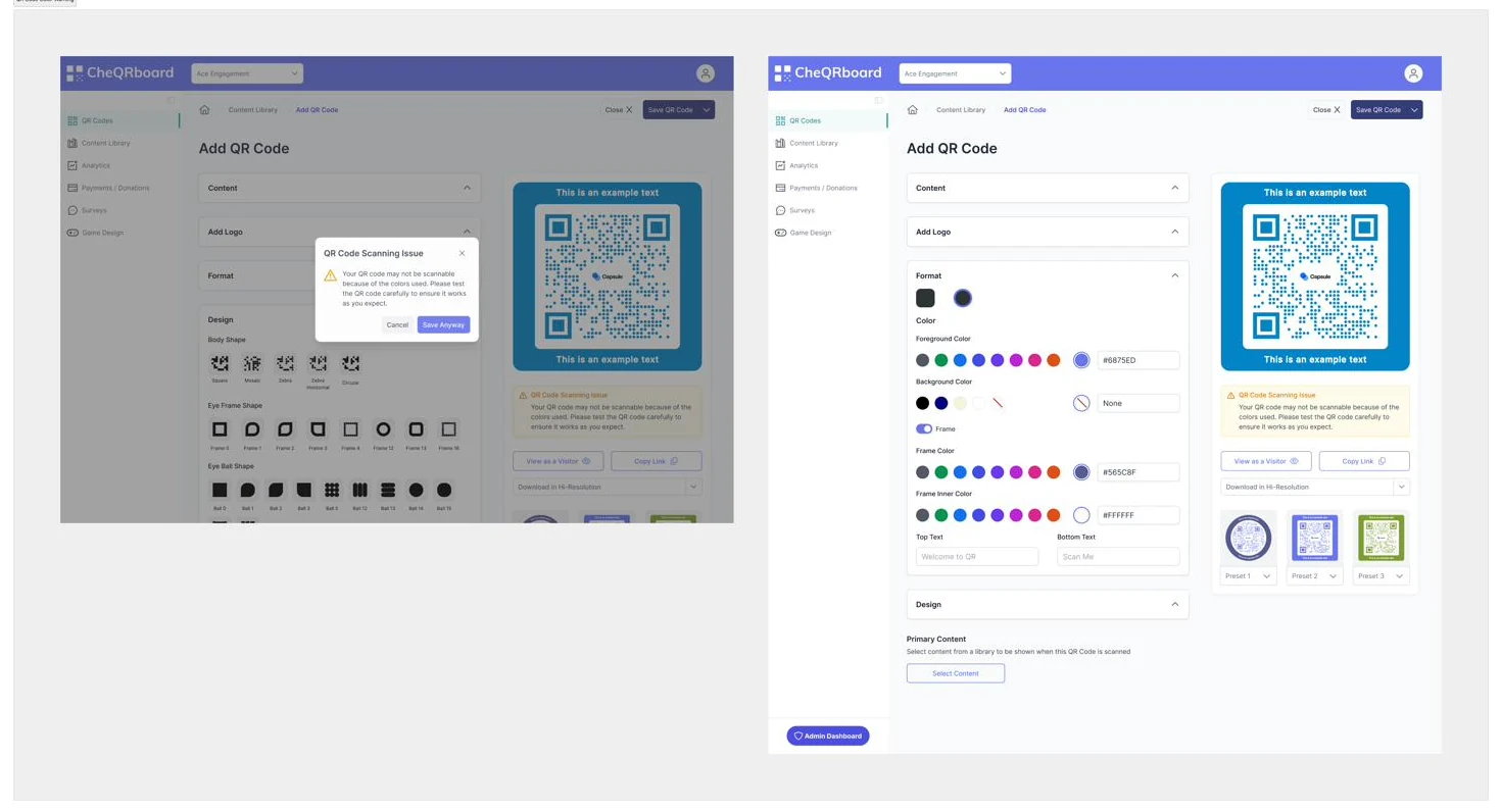 Two states of the Add QR Code screen: a scan-risk warning modal, and the editor with color, frame and preset controls beside a live preview.