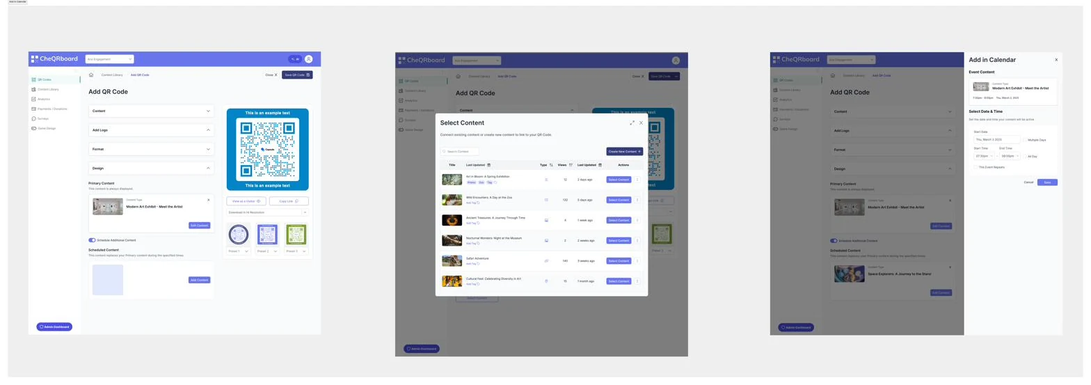 Attaching primary content to a QR code, picking from the content library, and scheduling an event in an Add in Calendar drawer.